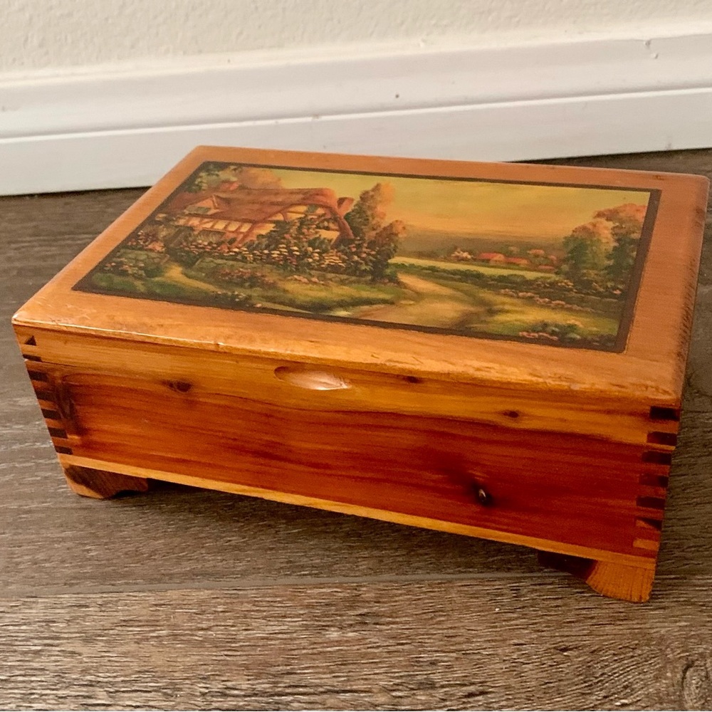 Vintage cedar wood box with picture of English cottage